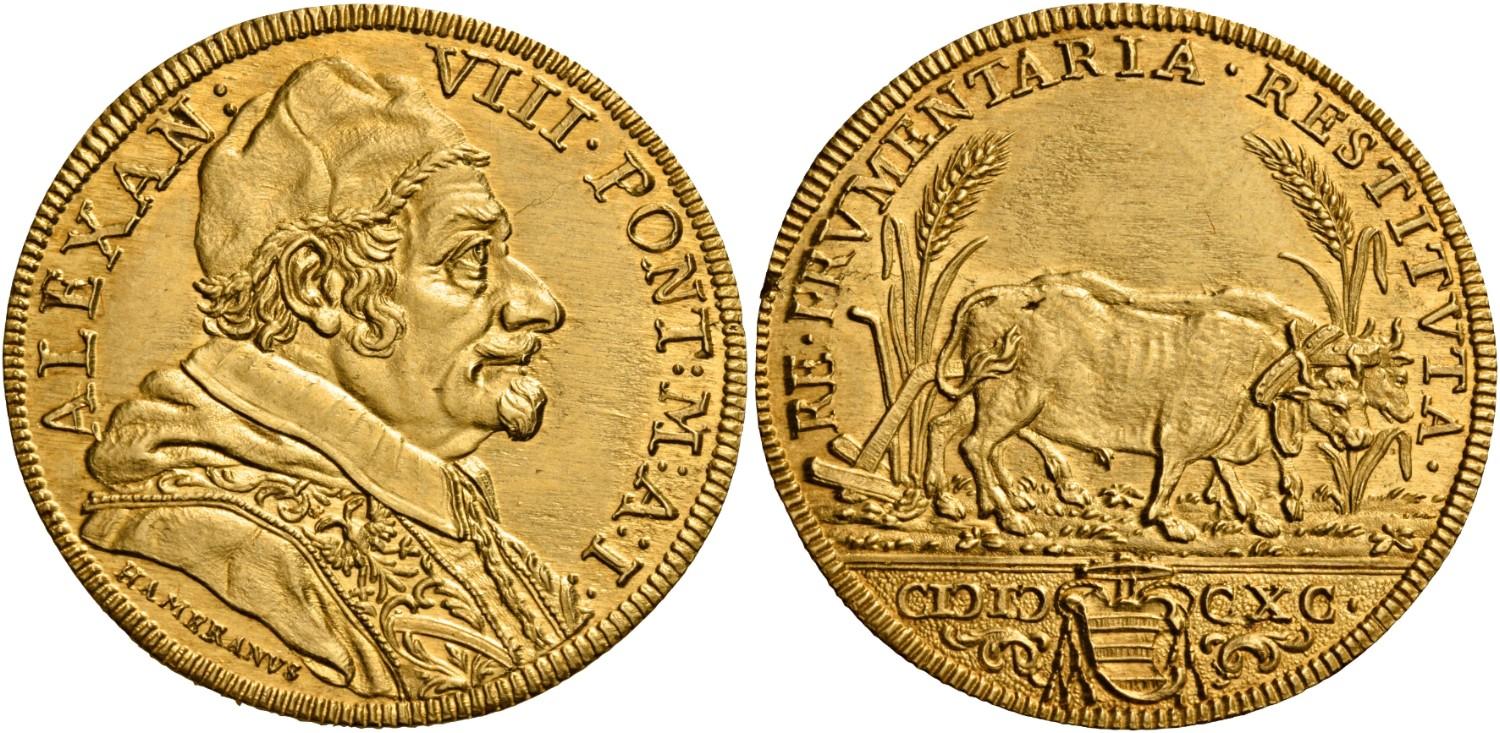 La quadrupla in oro del 1690 di papa Alessandro VIII allusiva delle politiche di riduzione dei dazi sul grano messi in atto dal pontefice a favore dei poveri