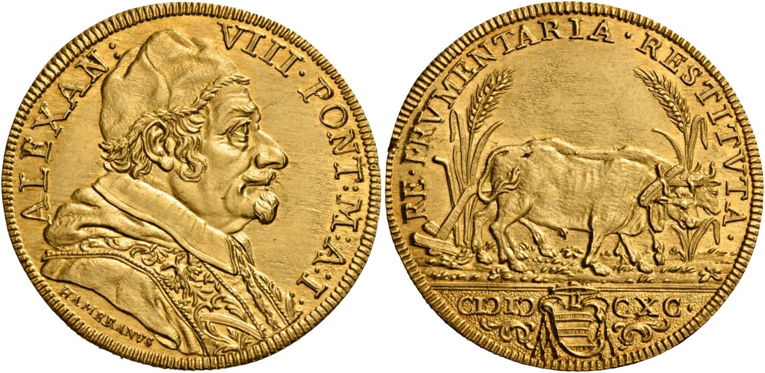 La quadrupla in oro del 1690 di papa Alessandro VIII allusiva delle politiche di riduzione dei dazi sul grano messi in atto dal pontefice a favore dei poveri La quadrupla in oro del 1690 di papa Alessandro VIII allusiva delle politiche di riduzione dei dazi sul grano messi in atto dal pontefice a favore dei poveri