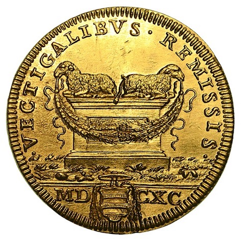 Il rovescio classicheggiante della rarissima doppia papale del 1690 in asta Cambi & Crippa Numismatica il 9 febbraio a Milano