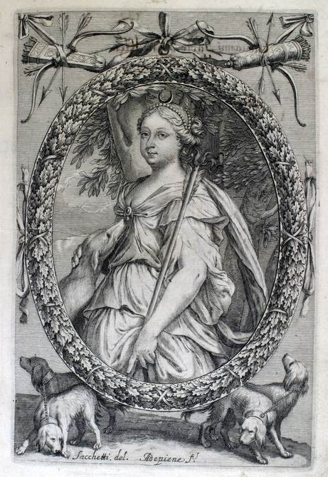 Maria Giovanna Battista di Savoia-Nemours, reggente di Vittorio Amedeo II, in vesti di Diana in un'incisione d'epoca