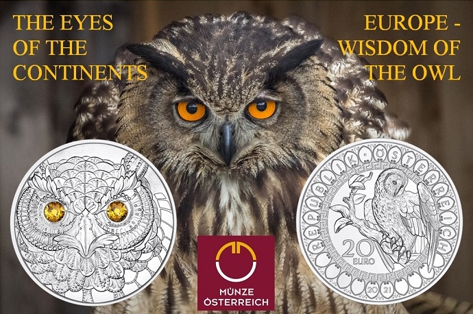 La bella 20 euro in argento proof del 2021 che la zecca austriaca ha dedicato all'Europa, scegliendo come animale simbolo il gufo, portatore di saggezza