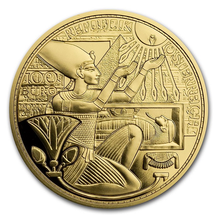 L’oro, metallo “solare” per eccellenza, esaltato su questa 100 euro d’Austria nel suo ruolo sacrale assunto nell’Antico Egitto, specie ai tempi del faraone Akhenaton