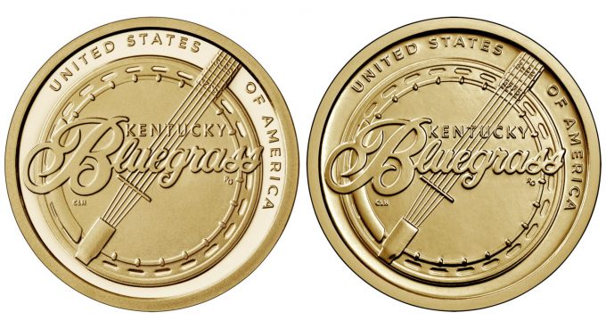 Un banjo simboleggia la musica popolare del Kentucky, detta "bluegrass", su questo dollaro American Innovation in emissione nel corso del 2022 da parte di US Mint