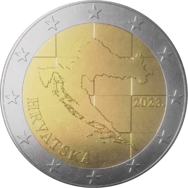 Sui 2 euro di Croazia il profilo geografico del paese balcanico sullo sfondo della scacchiera, antico simbolo dell'araldica nazionale