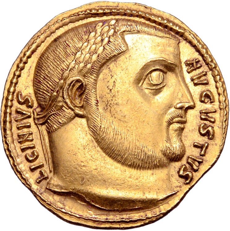 Un maginifico profilo dell'imperatore Licinio al dritto dell'aureo coniato a Serdica nel 313-314, il momento in cui l'alleanza con Costantino sembrava essere indistruttibile