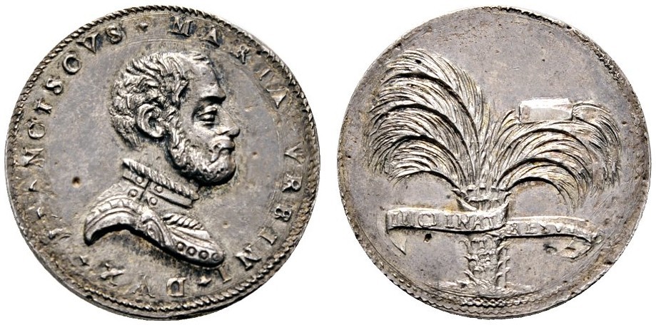 Rarissima medaglia in argento di Francesco Maria II Della Rovere: al rovescio il motto INCLINATA RESURGIT attorno ad una palma (il legno di palma, per quanto piegato, ritorna alla sua forma)