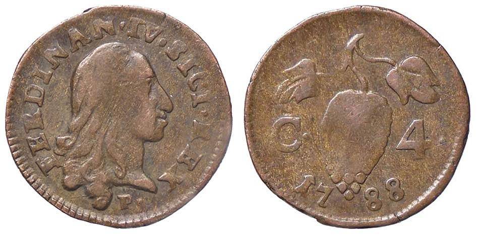 Moneta di normale circolazione del Regno delle Due Sicilie, valore 4 cavalli, anno 1788: il valore, C. 4, è sul rovescio ai lati del grappolo d'uva