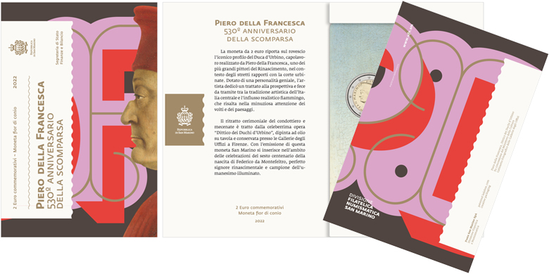 Il folder, modernissimo nella veste grafica, in cui San Marino commercializza dal 28 aprile la 2 euro per i 530 anni dalla morte di Piero della Francesca, uno dei grandi maestri di ogni tempo