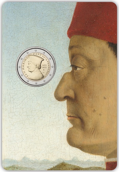 Il blister della 2 euro di San Marino che ricorda il genio di Piero della Francesca attraverso il ritratto del duca Federico da Montefetro