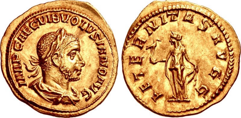 Aureo di Volusiano (251-253) con la raffigurazione della "Aeternitas" al rovescio