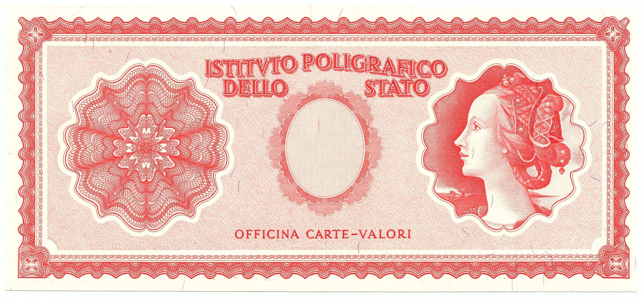 Il progetto di banconota - qui a toni di rosso - stampato a fine anni Settanta dal Poligrafico di Stato su lastra di Alceo Quieti: un esempio di raffinatezza incisoria (courtesy Cartamoneta.com)
