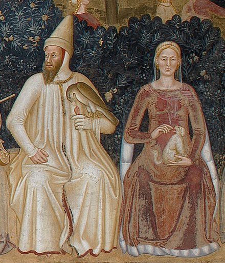 Beranbò Visconti e Regina della Scala in un affresco: il falcone nella sua mano esalta lo spirito guerriero del personaggio, il cane in braccio alla moglie la fedeltà