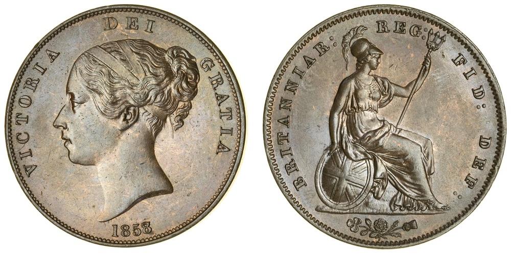 Iconografia quanto mai longeva, quella della Britannia è apparsa ad esempio sui penny in bronzo, come questo - elegantissimo - del 1858, regnate un'ancor giovane Vittoria