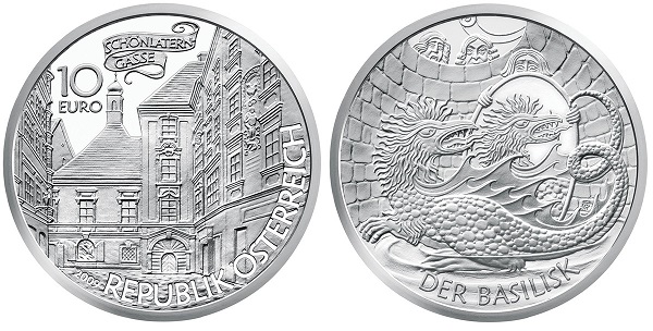 Una delle monete di Thomas Pesendorfer, i 10 euro in argneto del 2009 dedicati al basislisco nella serie austriaca dedicata a miti e leggende