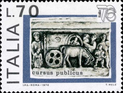 Francobollo italiano del 1976 per l'Esposizione mondiale di filatelia dedicato al sistema postale dell'antica Roma
