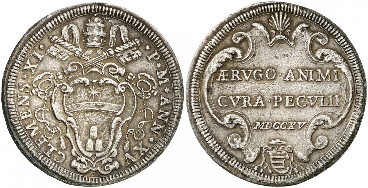 Anno 1715, si pubblica a Roma la "Breve notizia" di Saverio Scilla; nello stesso anno il coltissimo papa Clemente XI fa incidere su questa mezza piastra una citazione da Ovidio: "L'amore per il denaro [è] la ruggine dell'anima"