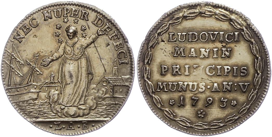 Le raffinata osella in argento del 1793, doge Lodovico Manin, che rende omaggio all'aiuto della Vergine Maria ricevuto in occasione del focolaio di contagi scoppiato su una nave venuta dal Levante