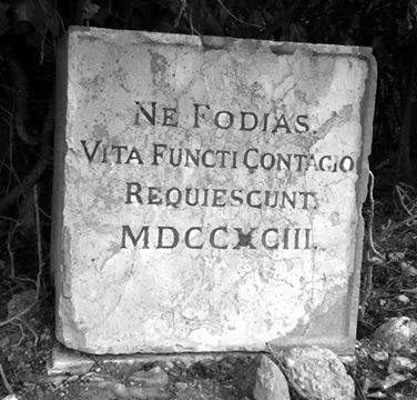 La lapide che, sull'isola di Poveglia, ricorda le vittime della peste del 1793, per fortuna fermata sul nascere dalle autorità veneziane
