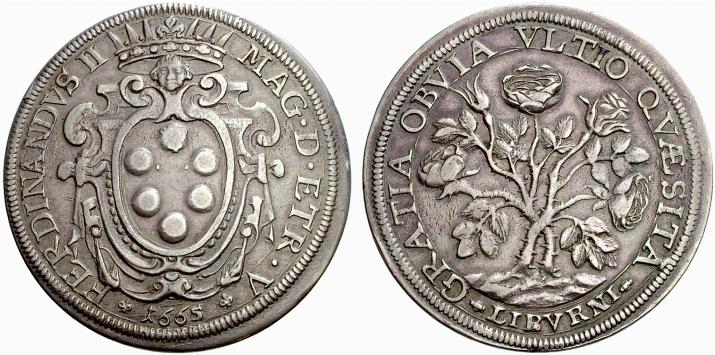 La prima pezza della rosa, quella in argento del 1665 coniata a nome della città di Livorno durante il regno del granduca Ferdinando II de' Medici: un capolavoro di raffinatezza numismatica