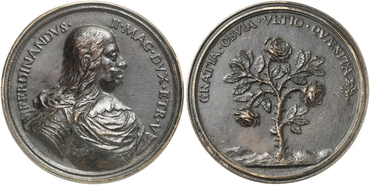 Medaglia fusa in bronzo opera dello scultore Antonio Selvi a nome di Ferdinando II de' Medici che ripropone l'impresa delle due piante di rose intrecciate con motto GRATIZ OBVIA VLTIO QVAESITA