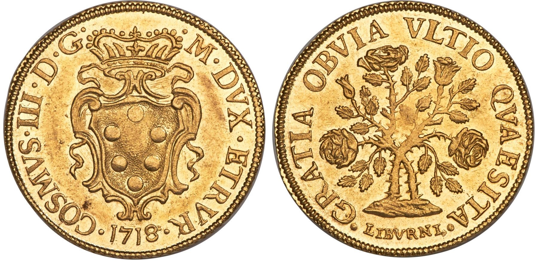 MAgnifico esemplare di mezza pezza della rosa in oro del 1718, regnante Cosimo III de' Medici indicato al dritto come M . DVX . ETRVR . ossia come granduca d'Etruria