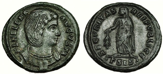 Moneta in bronzo coniata dalla zecca di Arealte con ritratto di Elena, madre di Costantino e poi santa, sul dritto, in abbinamento alla Securitas al rovescio