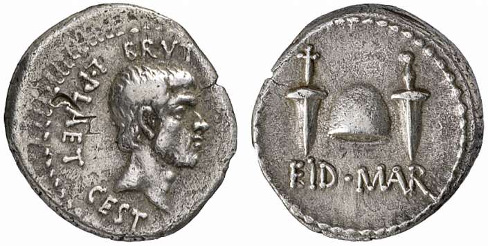 Un esemplare del rarissimo denario di Bruto coniato nel 44 o nel 43 a.C. per "festeggiare", da parte dei congiurati, l'uccisione di Giulio Cesare delle idi di marzo del 45 a.C.