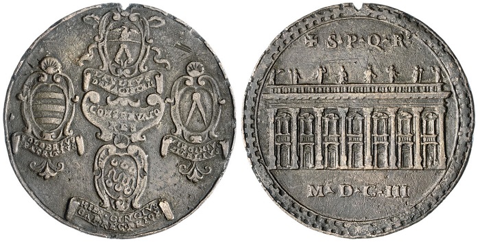 Clemente VIII (1592-1605), medaglia del 1603 per la costruzione del Palazzo Nuovo sul Campidoglio. Al dritto gli stemmi dei quattro "conservatori", al rovescio la facciata dell'edificio
