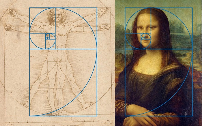 La sezione aurea nell'arte di Leonardo da Vinci: a sinistra nel celebre disegno del cosiddetto "Uomo Vitruviano" effigiato anche sulle monete da 1 euro d'Italia, a destra nella "Gioconda"