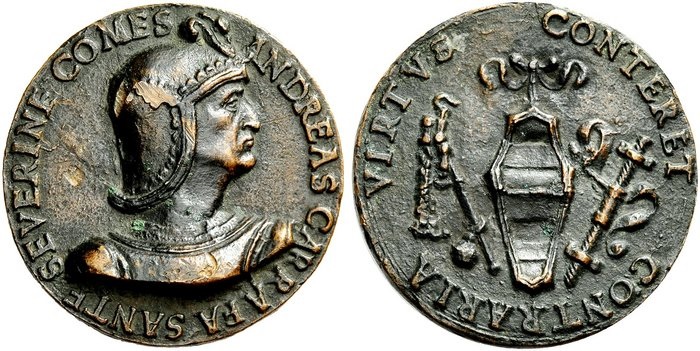 Medaglia in bronzo di ignoto artista napoletano (forse dell’inizio del ‘500) dedicata ad Andrea Carafa con al rovescio il suo stemma, l'impresa e i simboli della stadera e del matrinetto