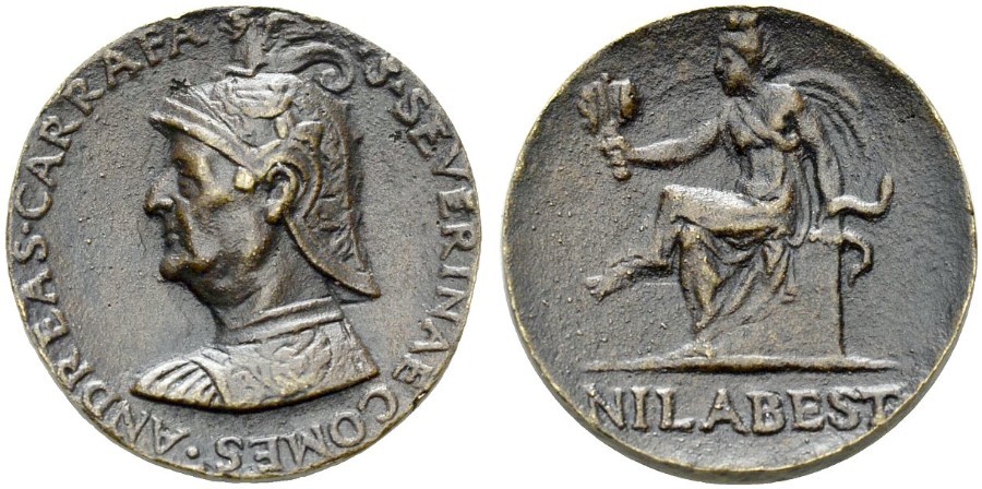 Medaglia in bronzo (1524) di Girolamo Santacroce (1502-1537) commissionata da Andrea Carafa come vicerè di Napoli: Al D/ ADREAS CARAFA - SEVERINAE COMES, busto elmato e corazzato, al R/ la Prudenza seduta con in mano scpecchio a due facce e legenda NIL ABEST