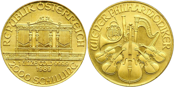 Longeva moneta in oro da investimento, la Filarmonica d'Austria esiste con peso da un'oncia a 999 millesimi sia denominata in euro che, prima del 2002, in scellini, come questo esemplare