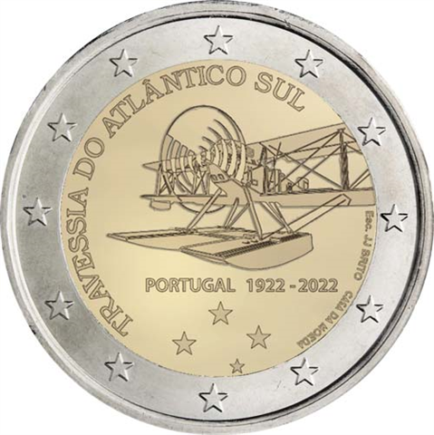 La faccia nazionale della nuova 2 euro commemorativa del Portogallo a tema aeronautico raffigura un biplano "Fairey III" stilizzato e la Croce del Sud