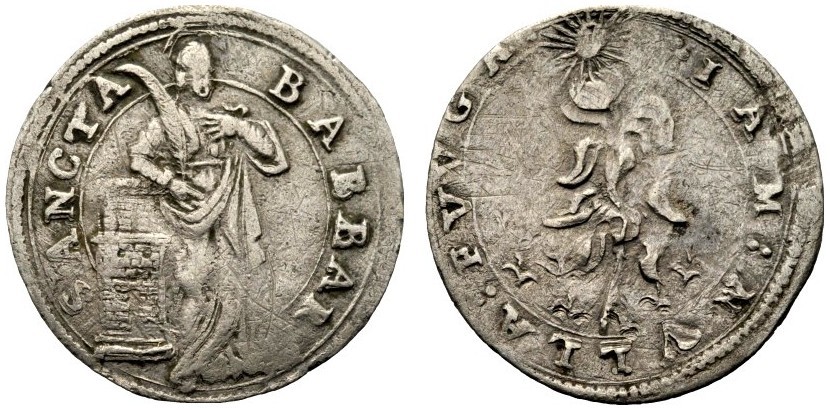 Un esemplare di barbarina cconiata con l'effigie della martire al D/ e il girasole al R/ barbarine