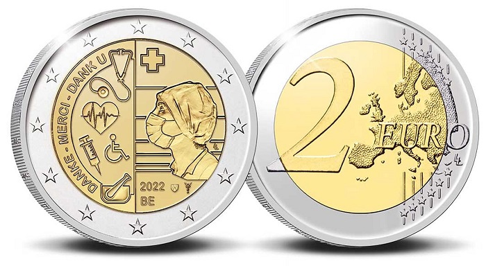 La moneta commemorativa da 2 euroappena emessa dal Belgio in omaggio agli eroi della pandemia, il personale del sistema sanitario che ha fronteggiato per oltre due anni l'emergenza