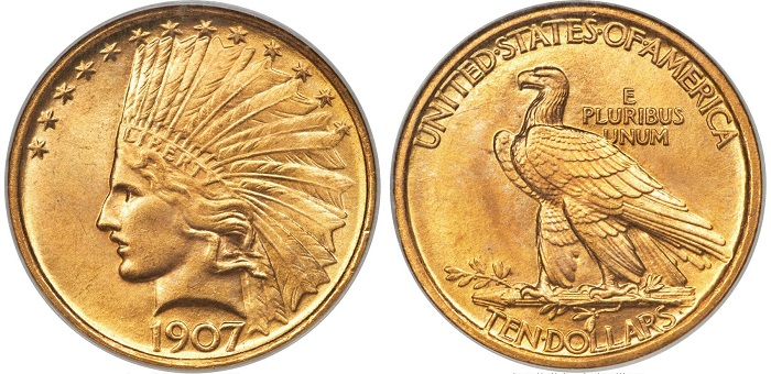 Un magnifico esemplare di 10 dollari Indian Head del 1907, senza il motto IN GOD WE TRUST e dai rilievi marcati: è una delle grandi rarità americane (mm 27, g 16,718)