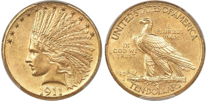 Una 10 dollari Indian Head del 1911 con il motto IN GOD WE TRUST: questi soggetti modellati da Saint-Gaudens danno vita a una delle monete USA più conosciute del XX secolo