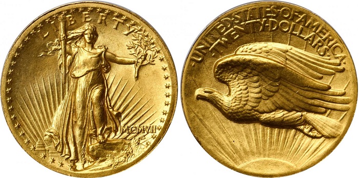 I 20 dollari Saint-Gaudens, capolavoro assoluto della numismatica USA del secolo scorso, qui nella versione senza motto del 1907 coniata in altorilievo (mm 34,1, g 33.430)