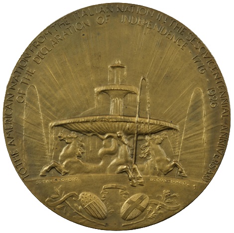 Il dritto della medaglia fascista dedicata al 150° anniversario dell'indipendenza americana con effigiata la fontana dei Cavalli marini di Villa Borghese