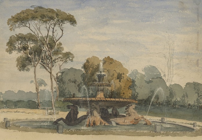 La suggestiva fontana dei Cavalli marini di Villa Borghese in un acquerello d'epoca