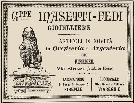 Pubblicità d'epoca della ditta orafa fiorentina Masetti-Fedi che nel 1910 coniò la medaglia per le ascensioni del pallone frenato sulle Apuane