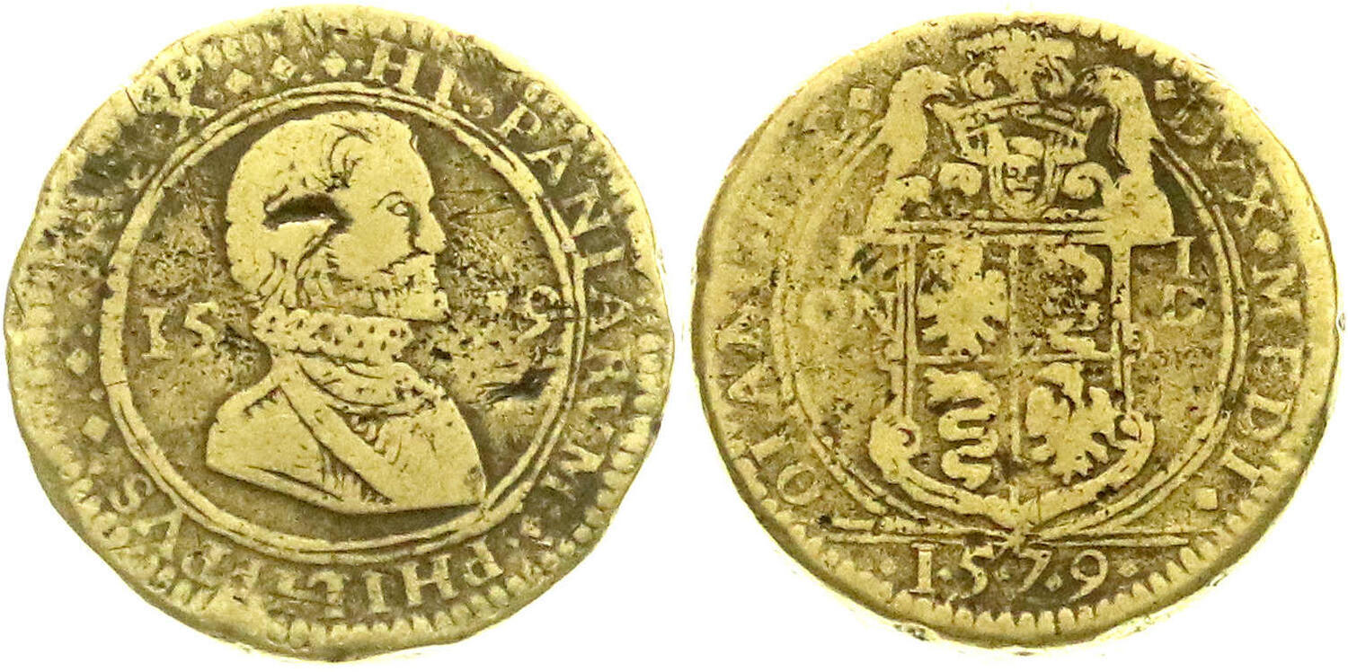 Il rarissimo peso monetale del ducato milanese 1579 apparso in asta in Germania nel 2021: è molto interessante per quel ritratto "idealizzato" di Filippo II d'Asburgo, oltre che per la qualità dell'incisione che si intuisce nonostante l'usura dell'esemplare