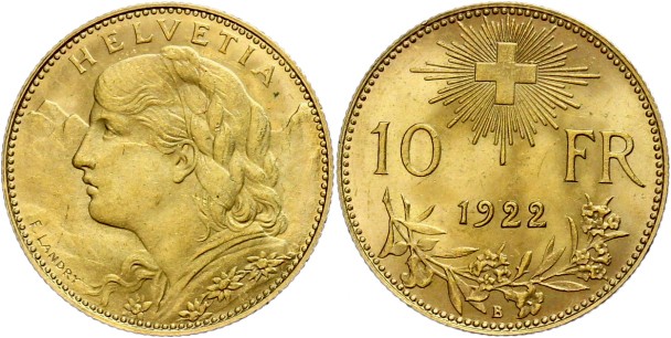 L'ultima Vreneli coniata dalla zecca elvetica aveva valore di 10 franchi, peso di 3,226 grammi per un diametro di 19 millimetri e un fino di 900 millesimi: porta la data del 1922