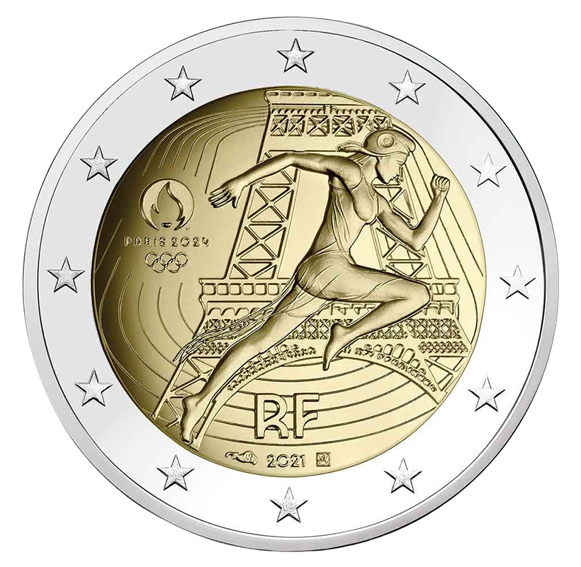 I 2 euro francesi del 2021 per le Olimpiadi di Parigi 2024 con la Marianna runner I 2 euro francesi del 2021 per le Olimpiadi di Parigi 2024 con la Marianna runner