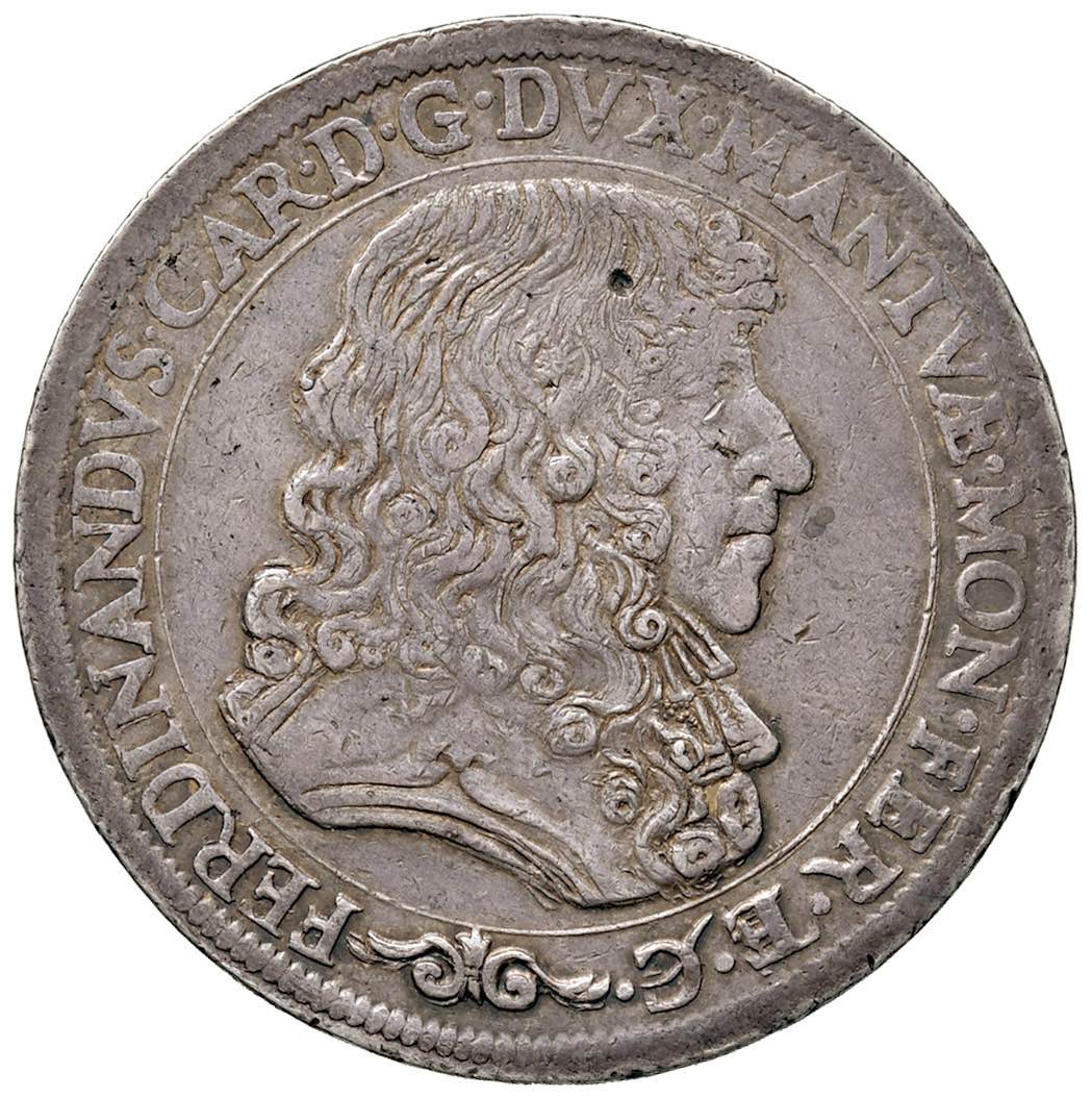 Il dritto del rarissimo ducatone in asta Nomisma 65 del 17-18 giugno mostra il profilo di Ferdinando Carlo di Gonzaga Nevers, decimo e ultimo duca di Mantova e del Monferrato