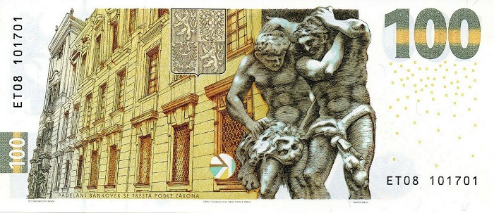 La sede centrale di Praga della Česká národní banka, la Banca centrale ceca, raffigurata sul retro della banconota ad alta tecnologia del valore di 100 korunaemessa in soli 20.000 esemplari La sede centrale di Praga della Česká národní banka, la Banca centrale ceca, raffigurata sul retro della banconota ad alta tecnologia del valore di 100 korunaemessa in soli 20.000 esemplari