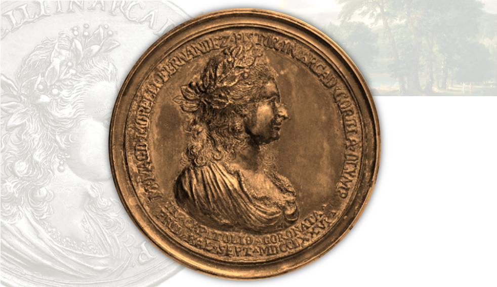 Il dritto della medaglia fusa opera di giovanni Zanobio Weber con ritratto di Corilla Olimpica