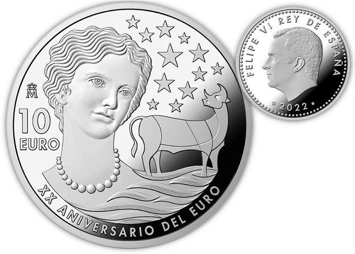 I 10 euro in argento proof che la Spagna ha emesso per ricordare i 20 anni dell'euro, la moneta unica dell'Unione al quale il paese iberico ha aderito fin dal 2002
