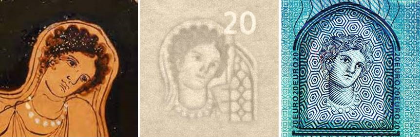 Da sinistra: la testina della ninfa Europa su un magnifico vaso greco conservato al Louve, sulla filigrana e nella finestrella olografica della banconota da 20 euro seconda serie