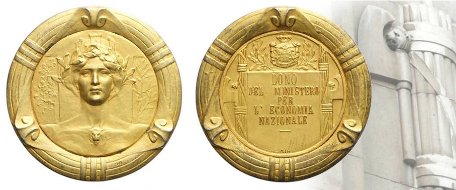 Medaglia fascista dedicata al Ministero dell'Economia nazionale, primo tipo con tondo centrale in oro e corona esterna in argento dorato